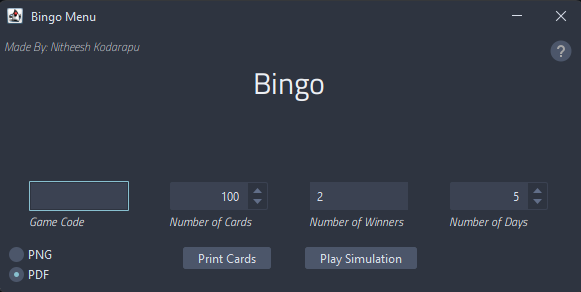Bingo Game Main Menu Interface